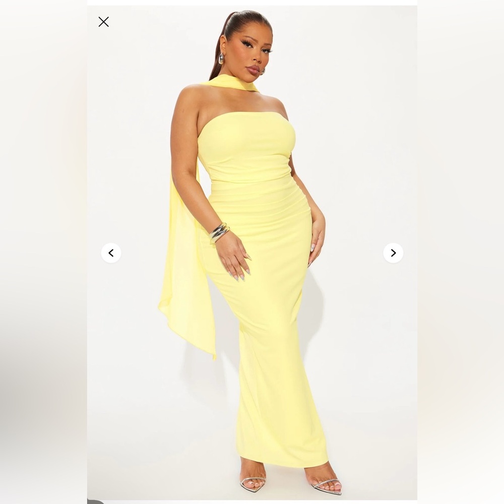 Fashion Nova Strapless Yellow Maxi Gown with Draped Scarf
